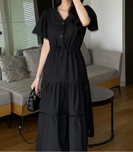 V領收腰顯瘦氣質蛋糕裙洋裝