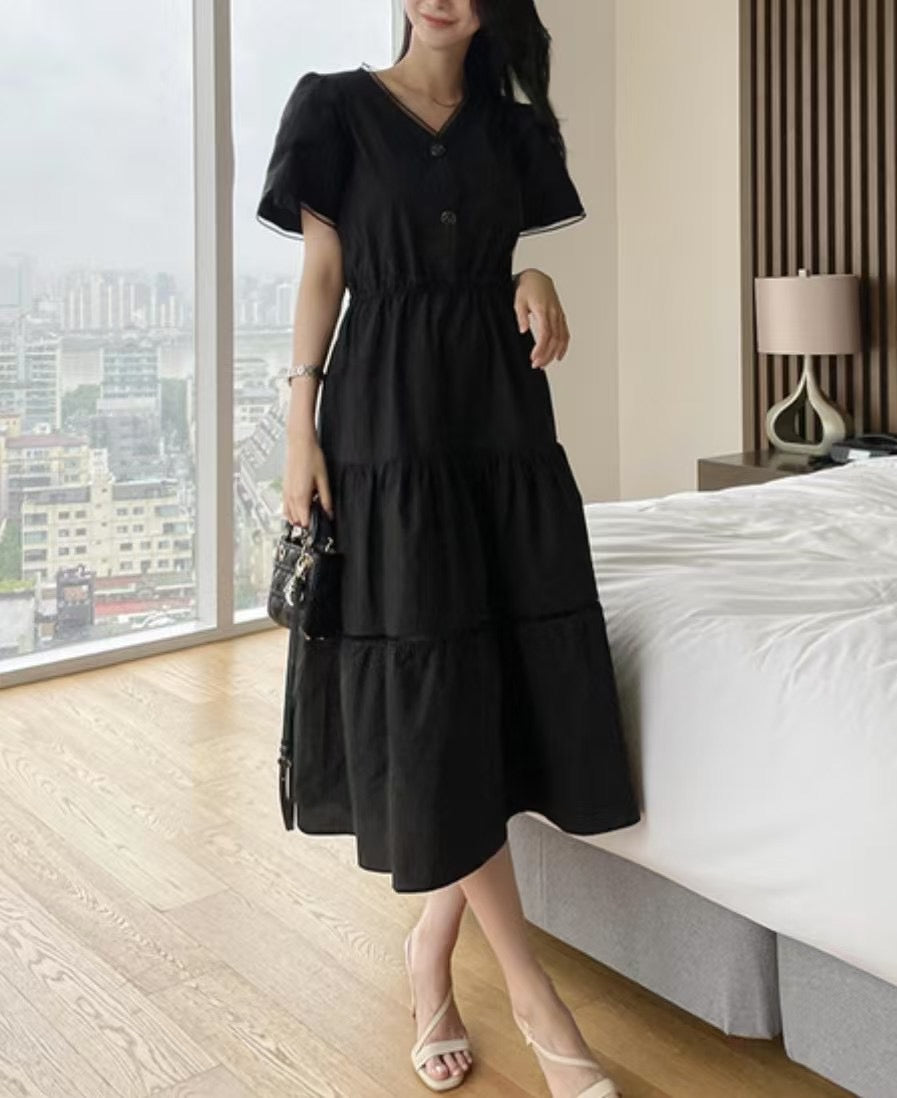 V領收腰顯瘦氣質蛋糕裙洋裝