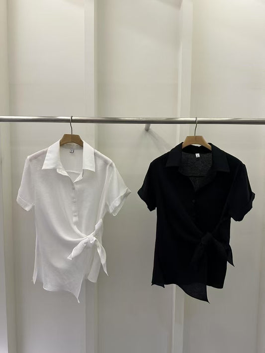 側綁帶短袖薄襯衫