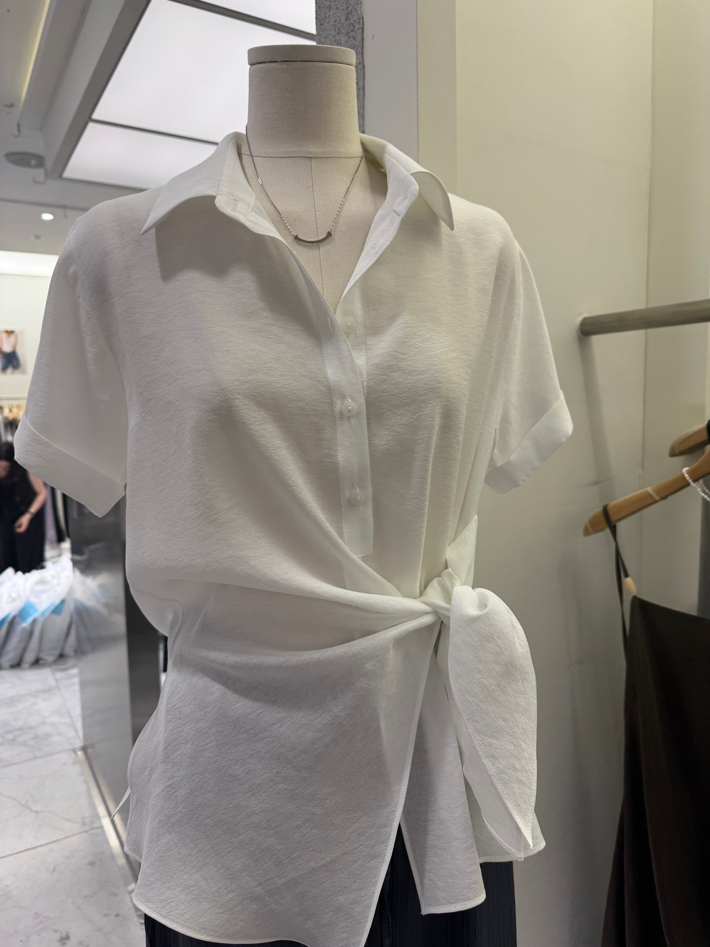 側綁帶短袖薄襯衫