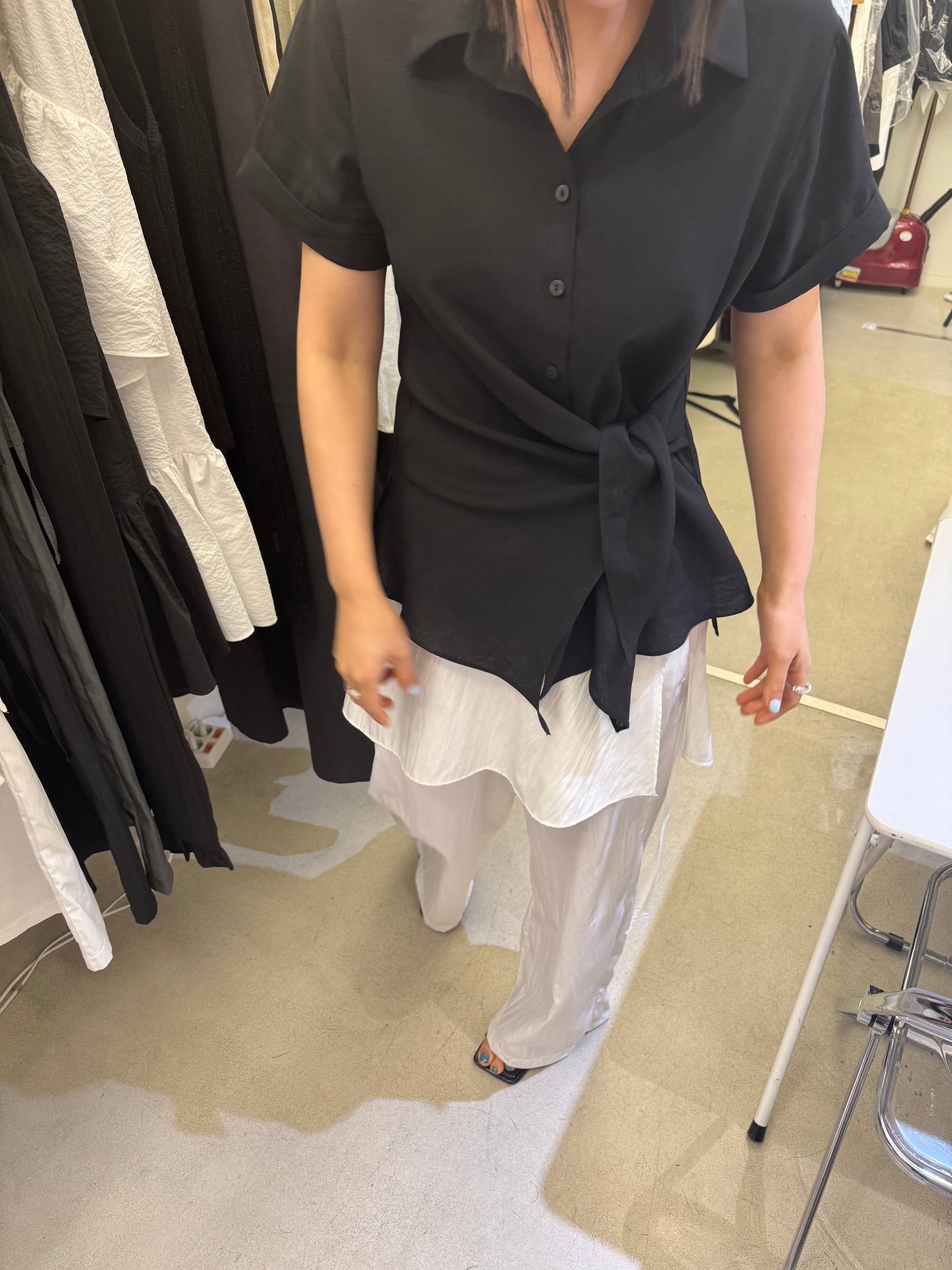 側綁帶短袖薄襯衫