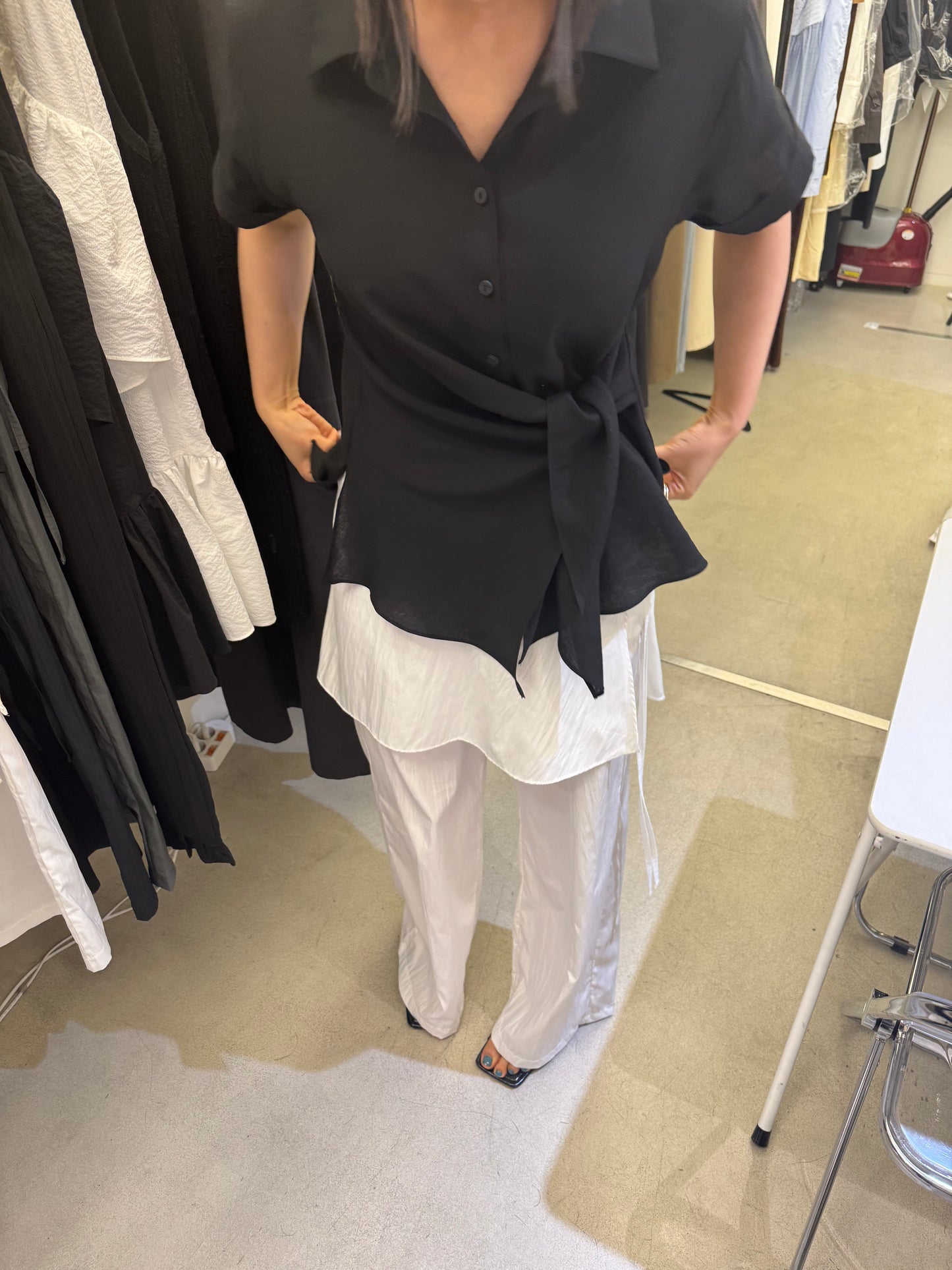 鬆緊腰側綁帶時尚長褲裙