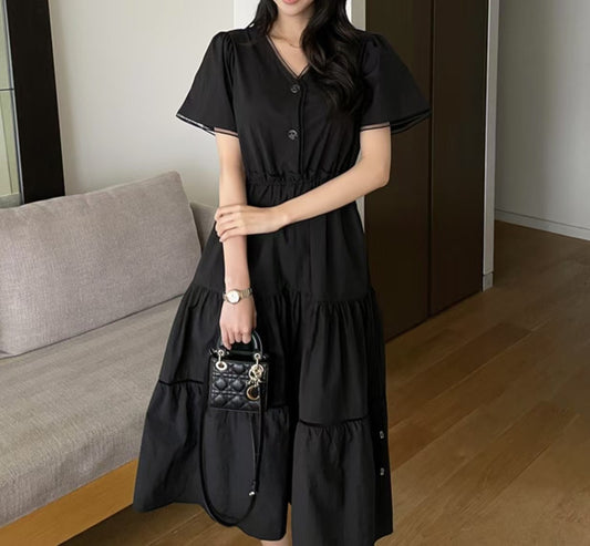 V領收腰顯瘦氣質蛋糕裙洋裝