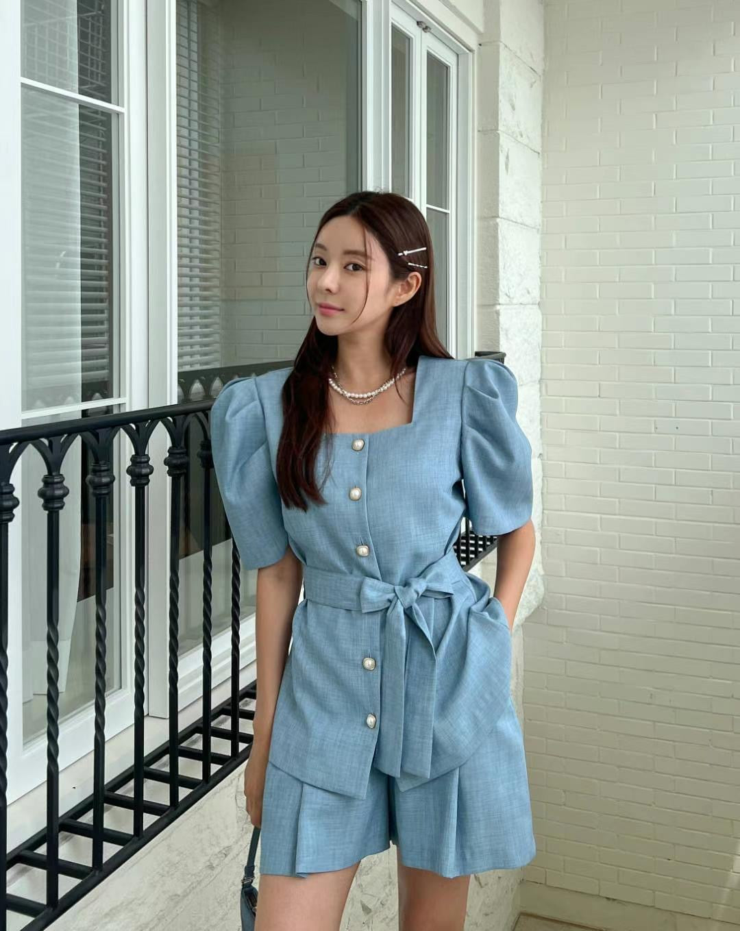 小香風公主袖綁帶氣質套裝SET