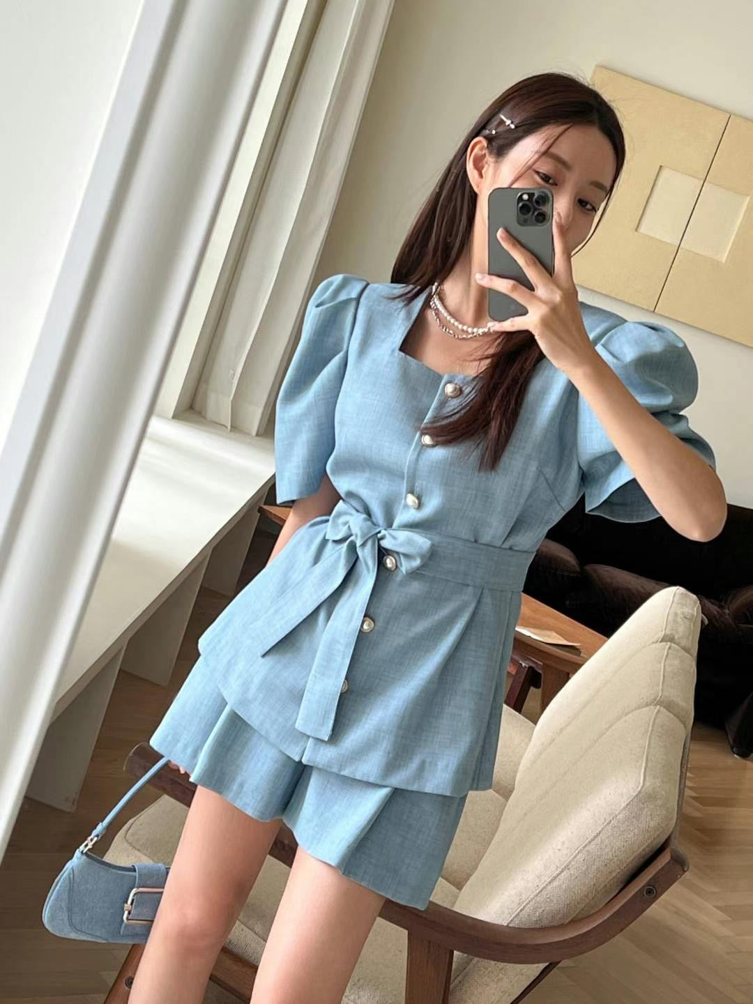 小香風公主袖綁帶氣質套裝SET