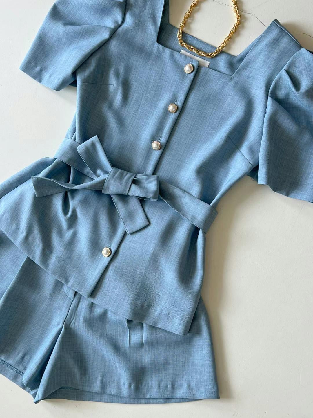 小香風公主袖綁帶氣質套裝SET