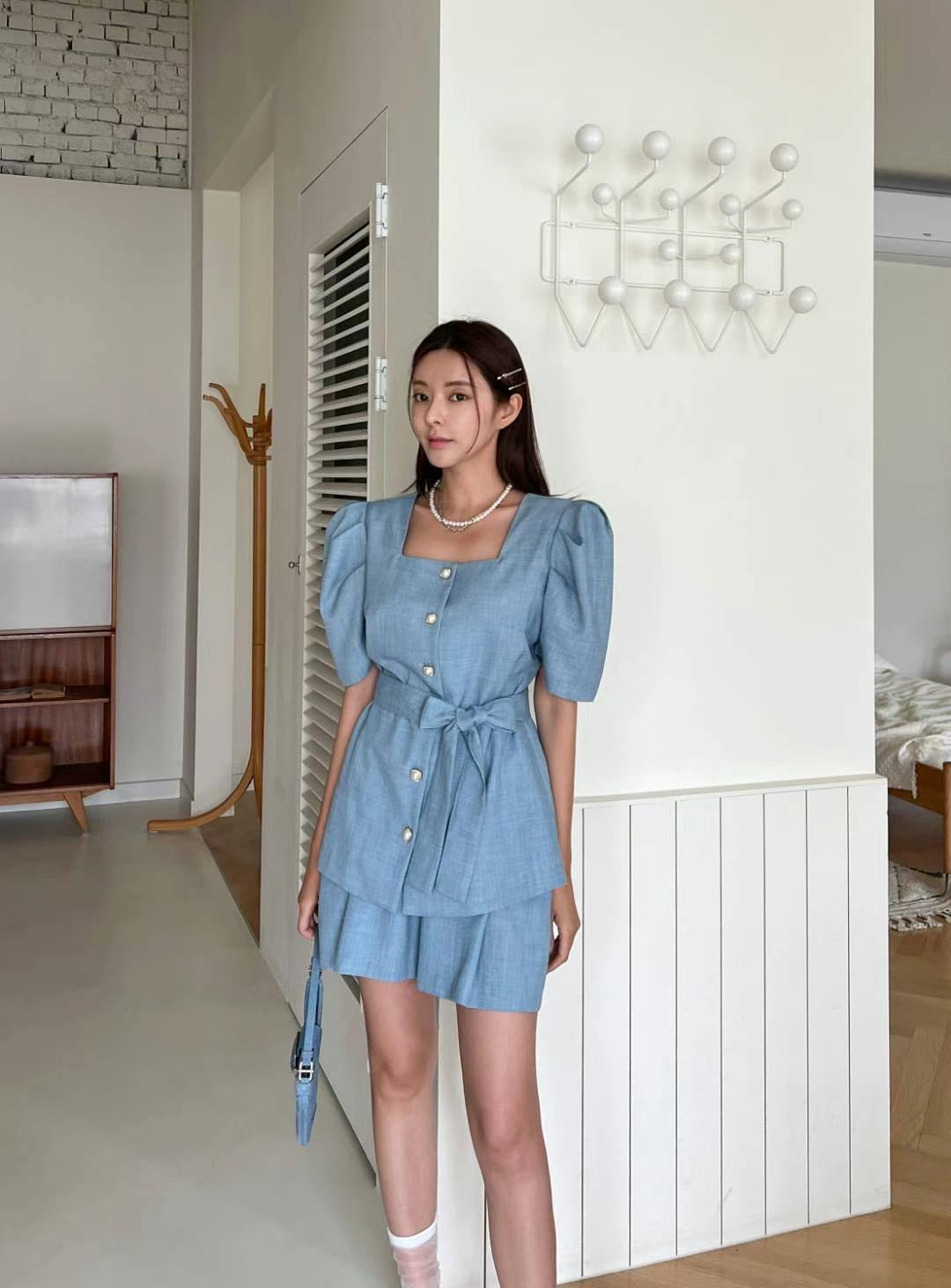 小香風公主袖綁帶氣質套裝SET