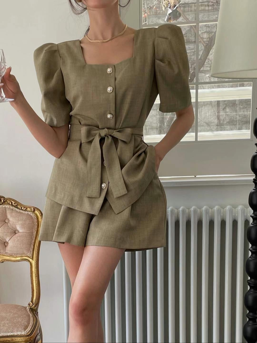 小香風公主袖綁帶氣質套裝SET