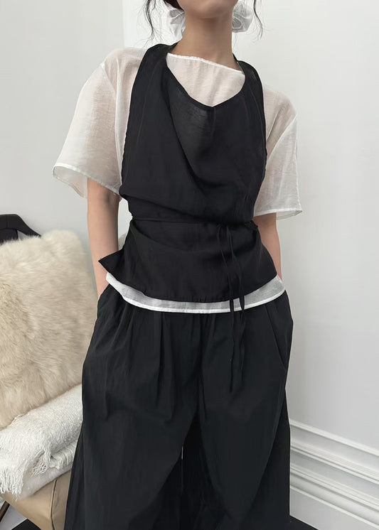 掛脖造型薄款短袖真兩件套裝(背心)