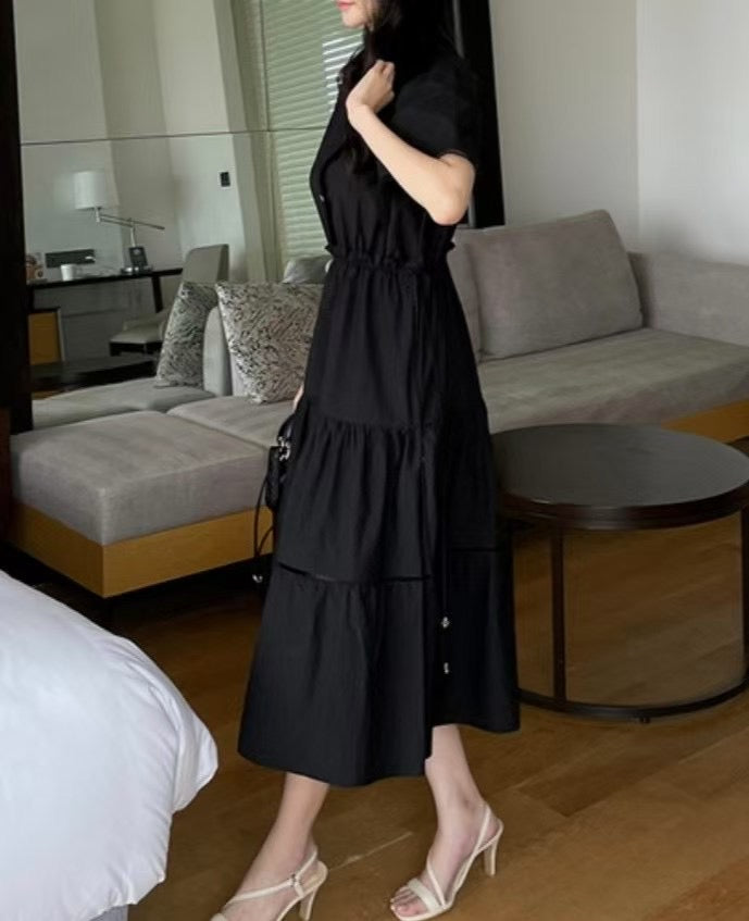 V領收腰顯瘦氣質蛋糕裙洋裝