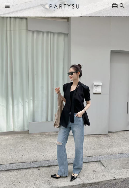 V領單扣脖帶顯瘦短袖西裝外套