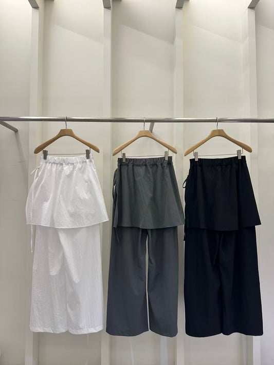 鬆緊腰側綁帶時尚長褲裙