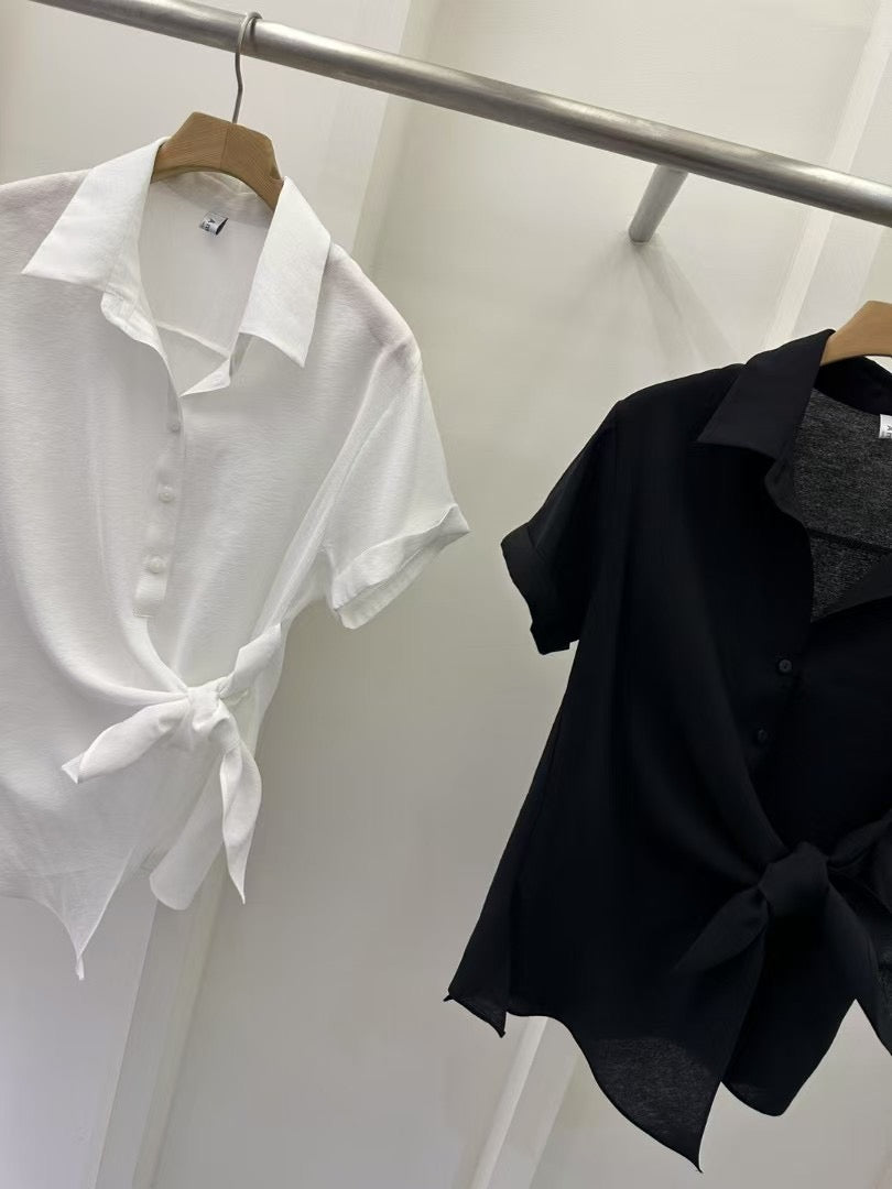 側綁帶短袖薄襯衫