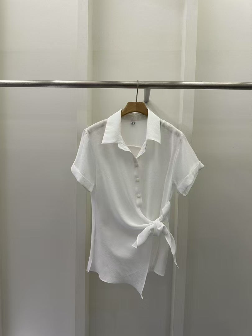 側綁帶短袖薄襯衫