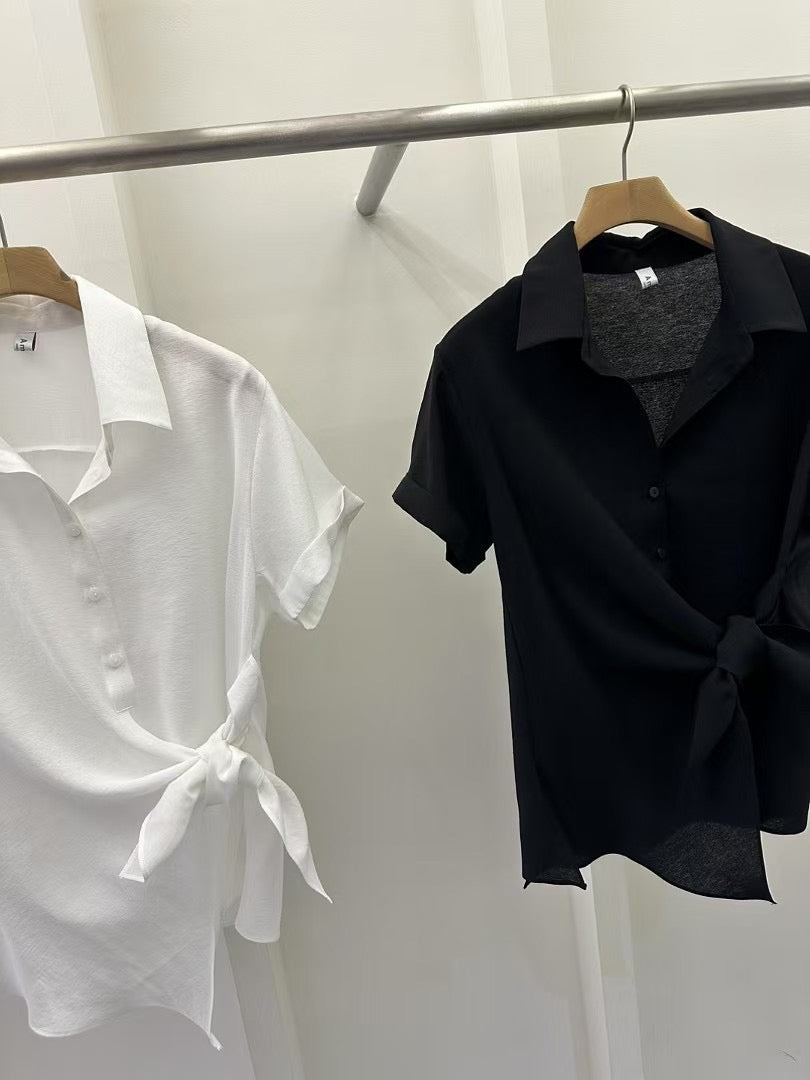 側綁帶短袖薄襯衫