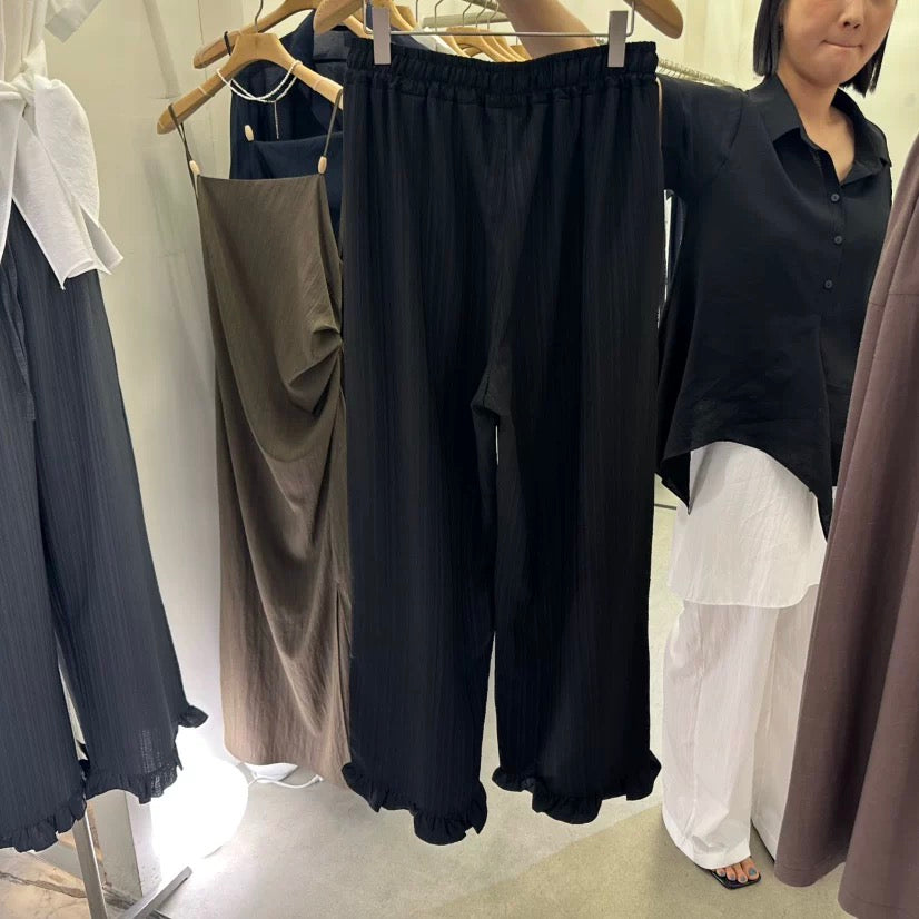 下擺荷葉邊鬆緊腰長褲