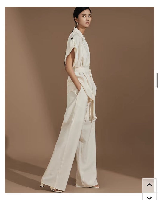 個性隨興短袖西裝綁帶+鬆緊抽繩寬褲SET