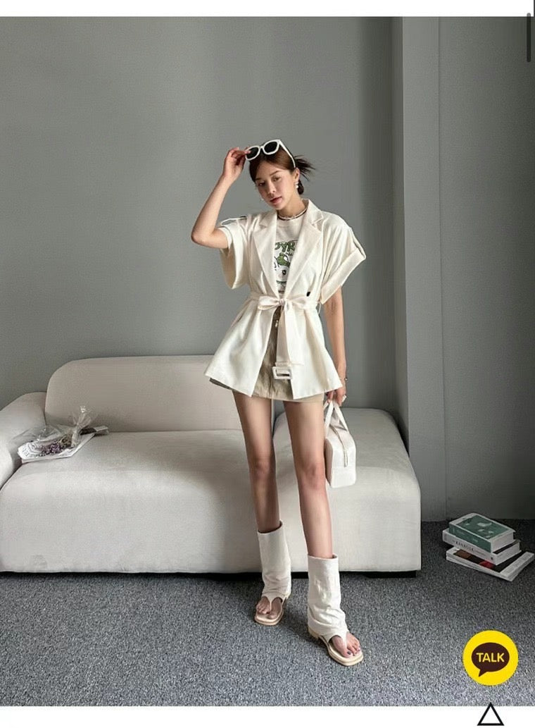 個性隨興短袖西裝綁帶+鬆緊抽繩寬褲SET