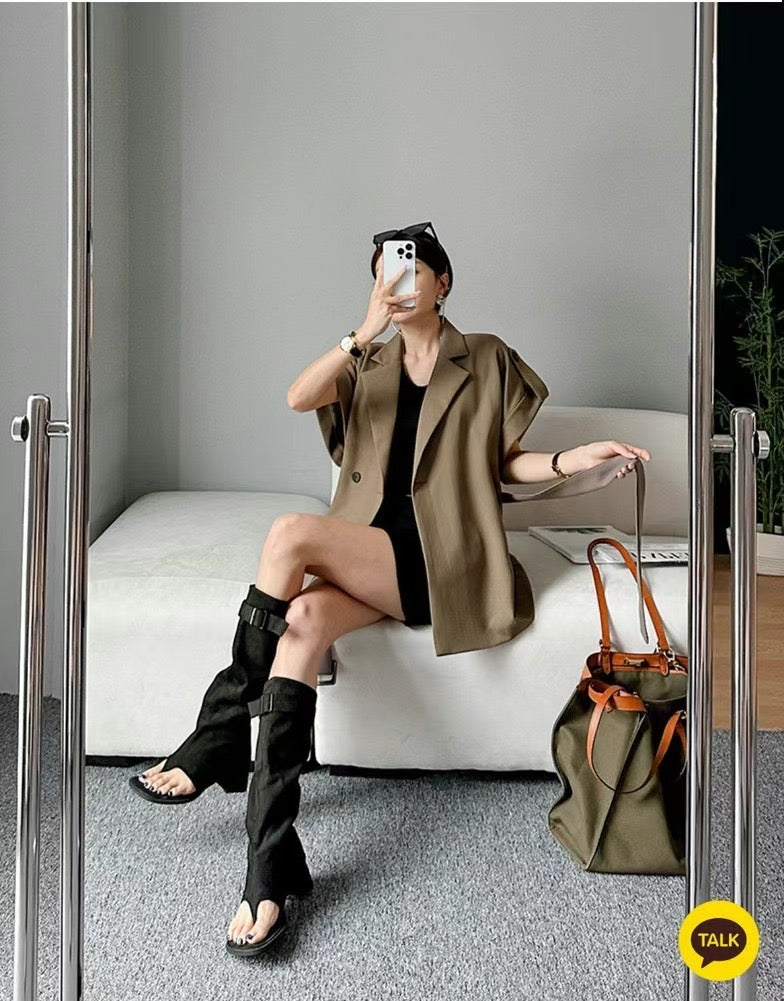 個性隨興短袖西裝綁帶+鬆緊抽繩寬褲SET