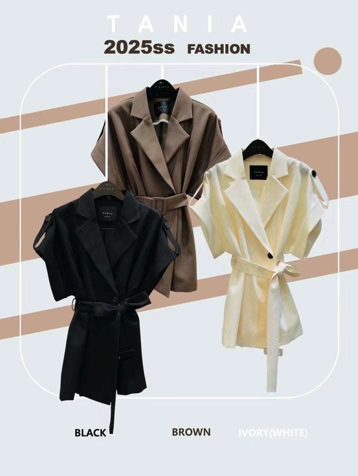 個性隨興短袖西裝綁帶+鬆緊抽繩寬褲SET