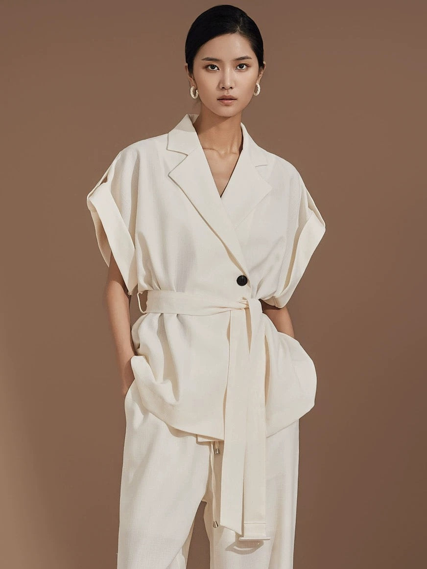 個性隨興短袖西裝綁帶+鬆緊抽繩寬褲SET