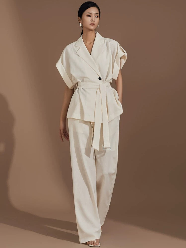個性隨興短袖西裝綁帶+鬆緊抽繩寬褲SET