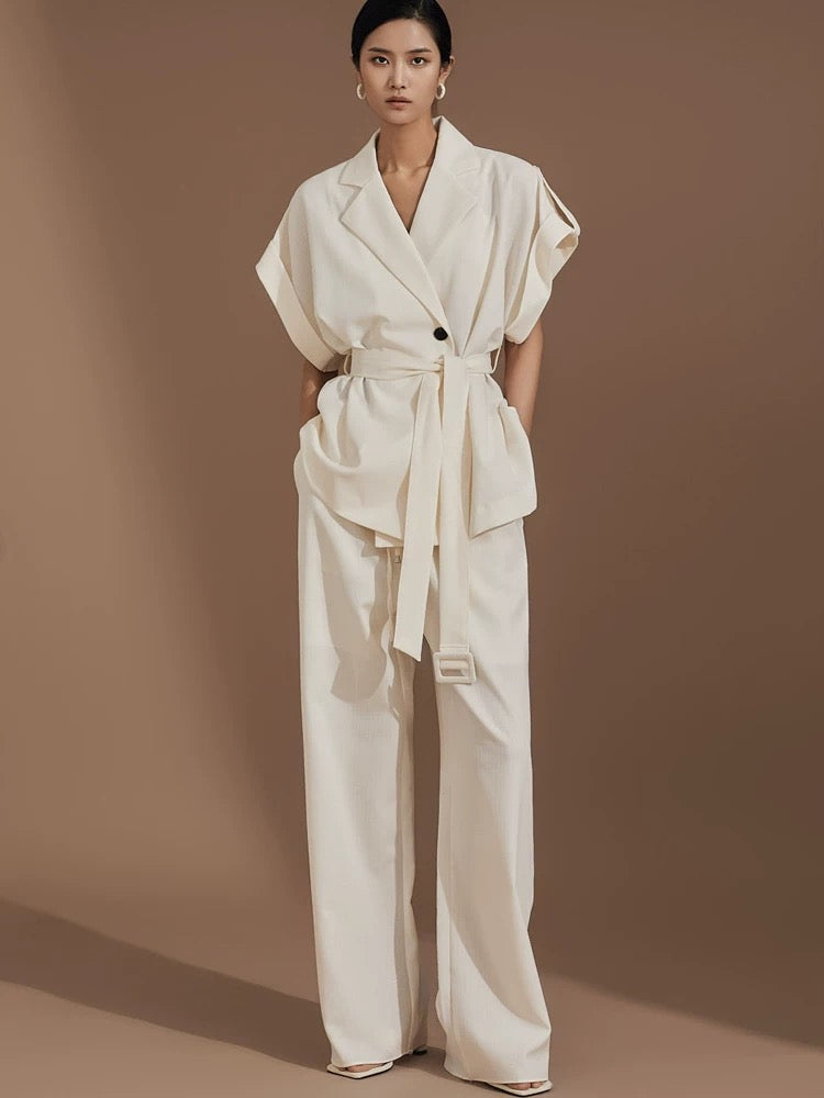 個性隨興短袖西裝綁帶+鬆緊抽繩寬褲SET
