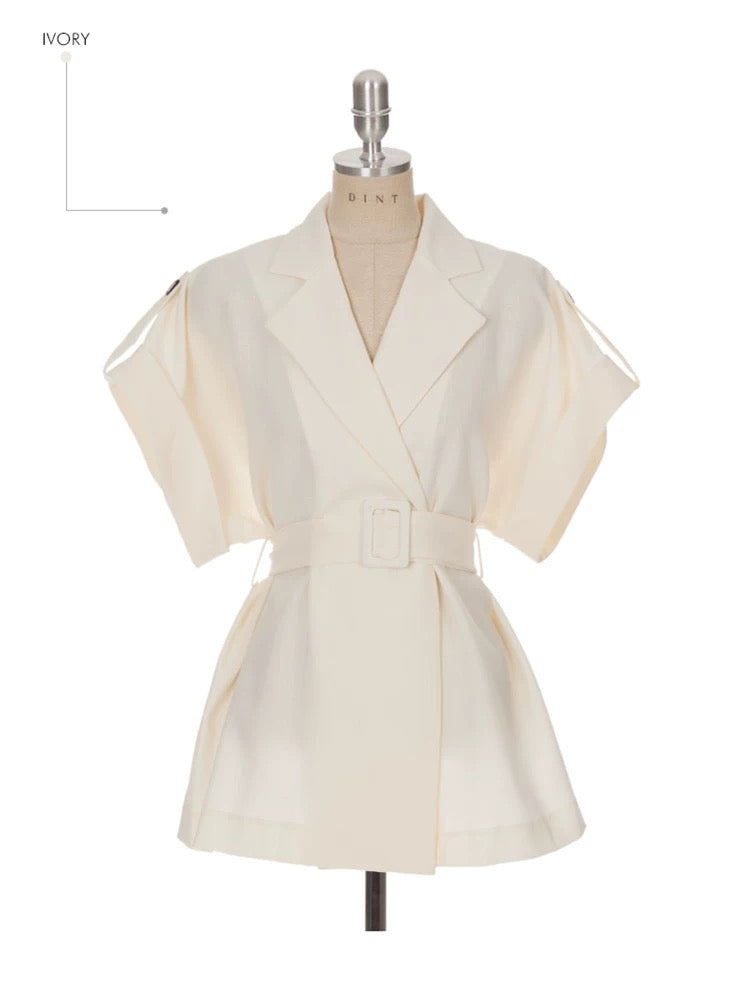 個性隨興短袖西裝綁帶+鬆緊抽繩寬褲SET