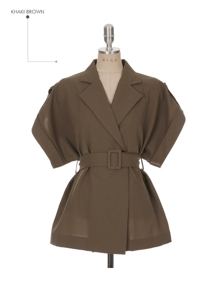 個性隨興短袖西裝綁帶+鬆緊抽繩寬褲SET