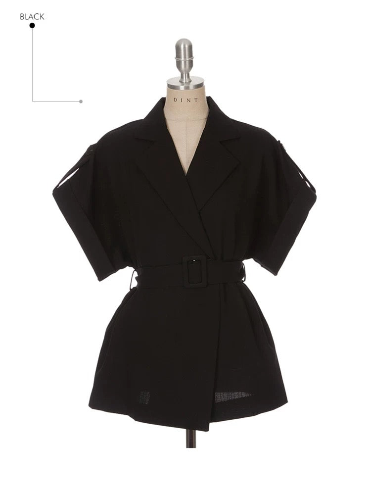 個性隨興短袖西裝綁帶+鬆緊抽繩寬褲SET