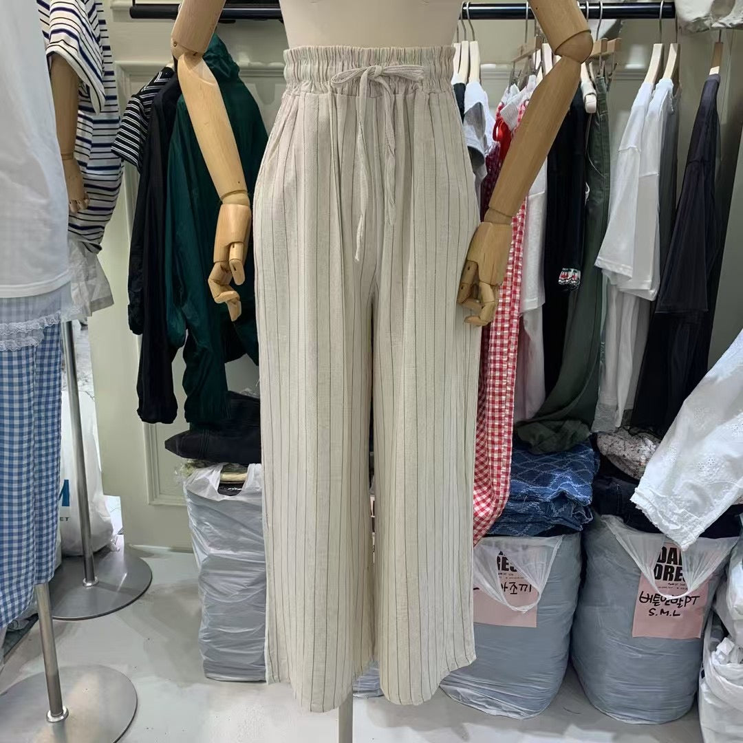亞麻鬆緊抽繩直條紋長褲