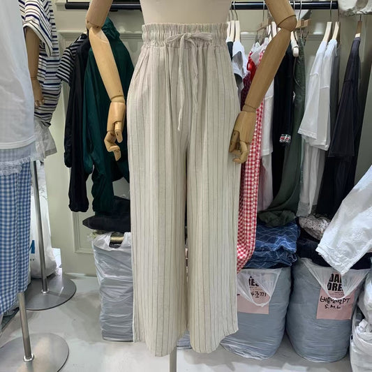 亞麻鬆緊抽繩直條紋長褲