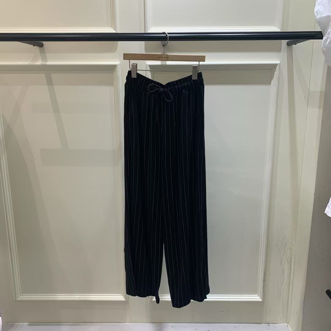 亞麻鬆緊抽繩直條紋長褲