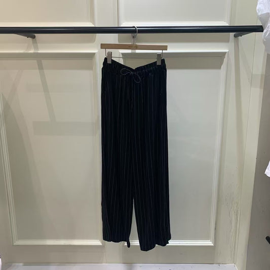 亞麻鬆緊抽繩直條紋長褲