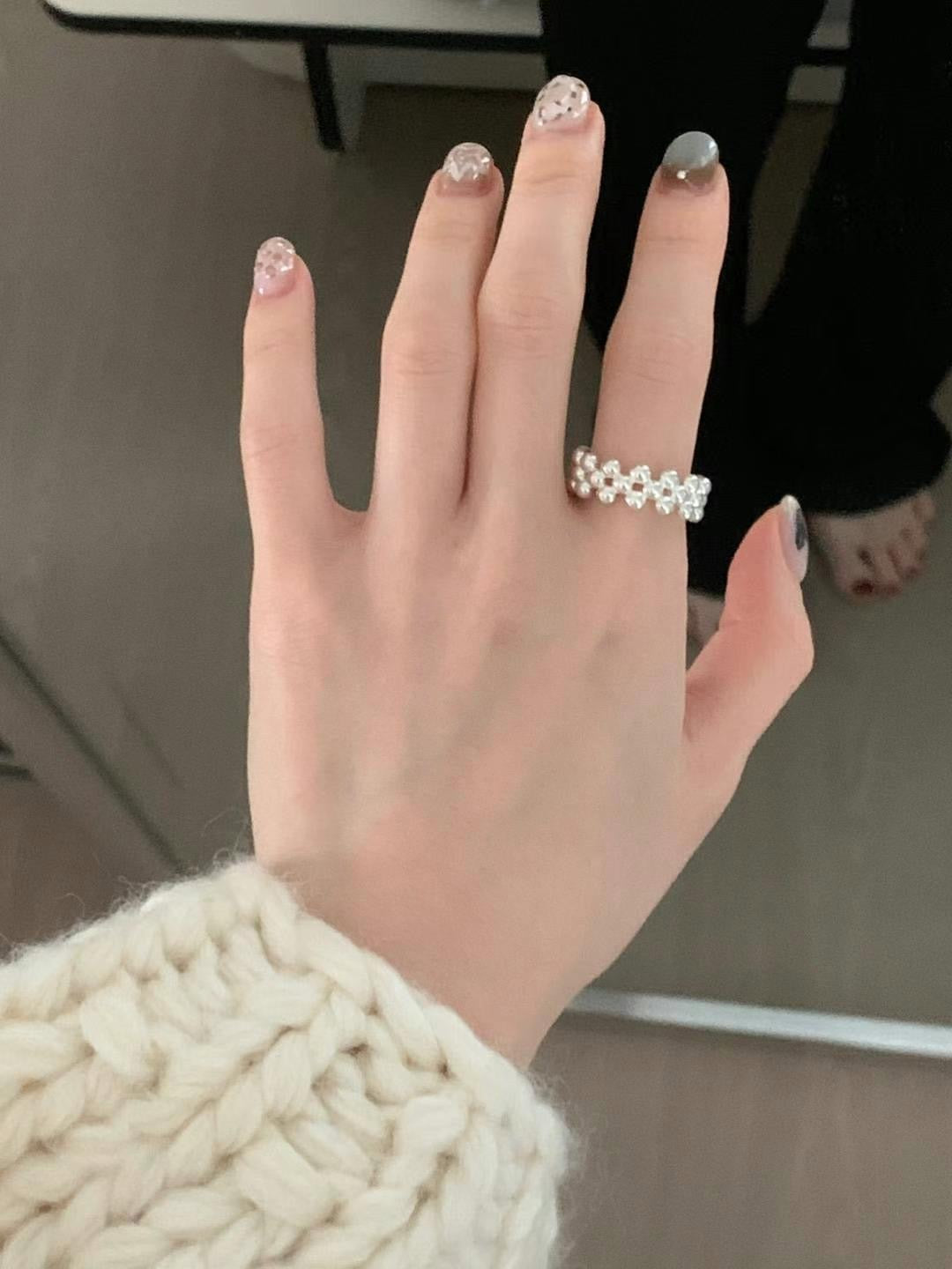 簡約銀球串開口戒指