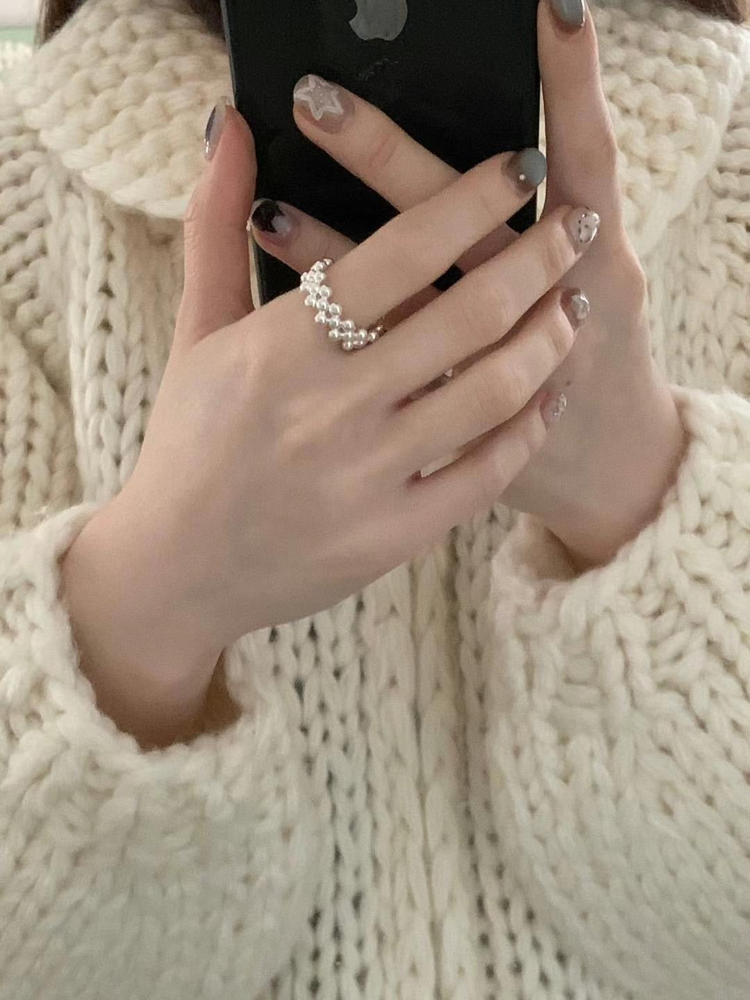 簡約銀球串開口戒指